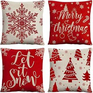 Juego de 4 Fundas de Almohada de Navidad,Funda Cojin de Lino Rústico de 45 cm x 45 cm